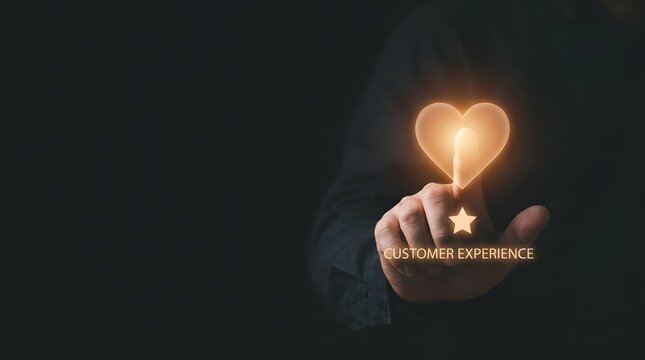 Person touching a glowing heart icon for customer experience evaluation