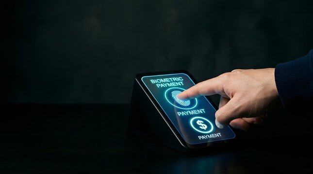Person using a biometric fingerprint scanner for digital payment processing
