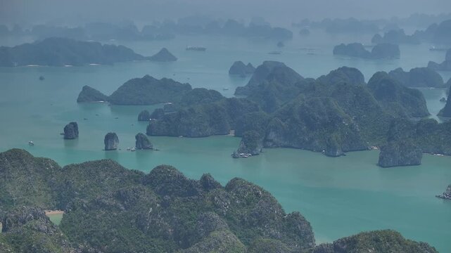 Aerial view of the natural scenery of the karst peak forest in Ha Long Bay, Vietnam
