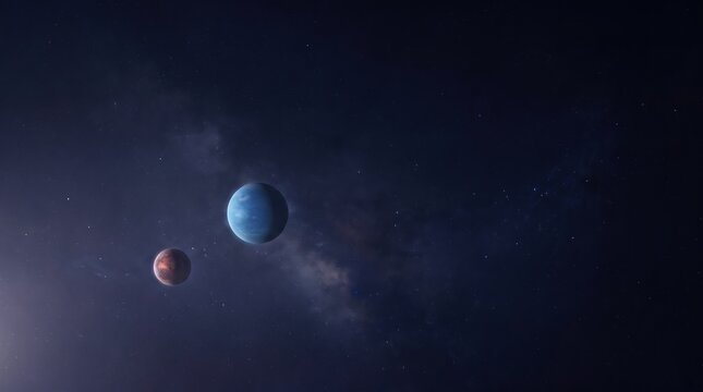 Two distant planets floating in the dark infinite void of outer space.