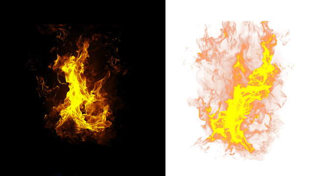 Bright fire flame effect with orange and yellow sparks isolated on transparent background for game design VFX and cinematic movie scenes.