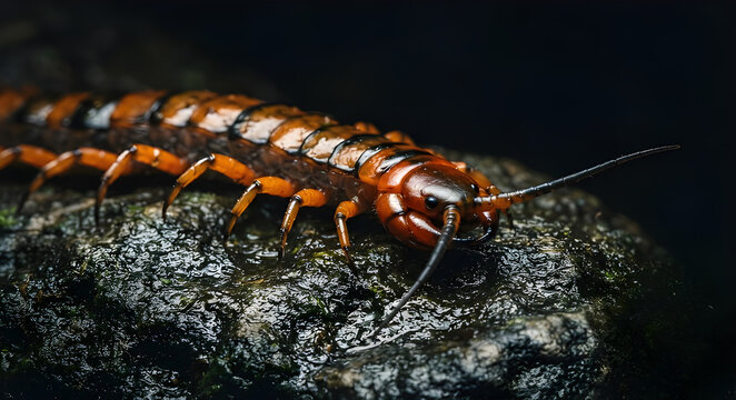 Giant Orange Centipede Scolopendra on Wet Dark Rock, Macro Wildlife Photography