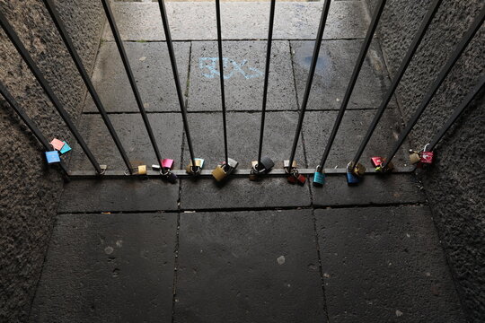 Love locks on a railing in Koblenz, Germany, a symbol of eternal commitment