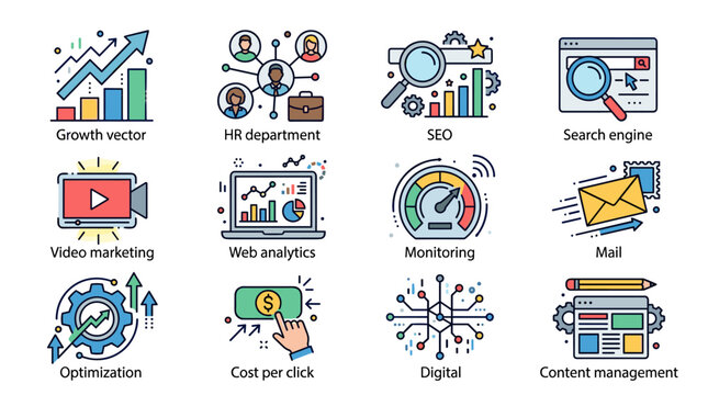 A collection of thin outline vector icons with dot accents, illustrating growth vector, HR department, SEO, search engine, video marketing, web analytics, monitoring, mail, optimization, cost per