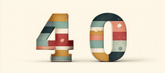 Naklejka premium Number Forty Decorated With Pastel Retro Style Horizontal Strips Isolated Template On White Backdrop