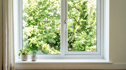 Fototapeta premium Bright window view with green trees and houseplant on a white windowsill in a home interior