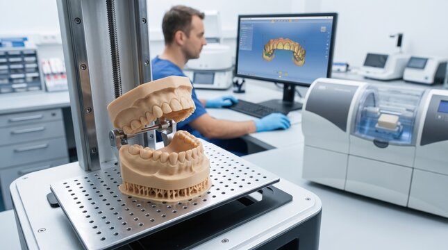 Dental technician working with a 3 d printed jaw model on a metal build plate in a laboratory setting with computer software displaying digital teeth