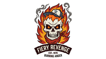 Fototapeta premium Consumed by rage, seeking fiery vengeance, this vintage mascot illustration features a skull ablaze