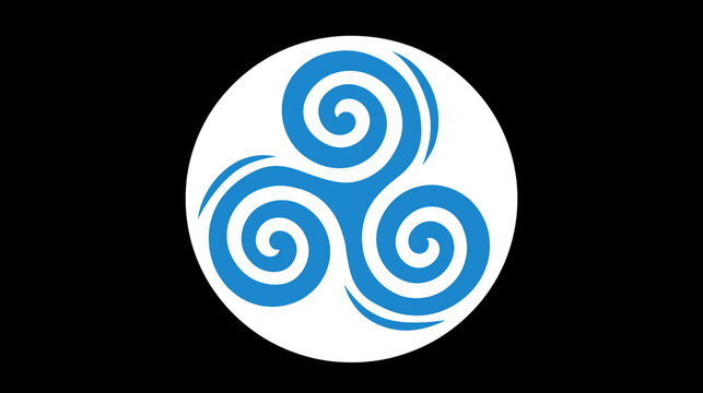 Blue triskelion symbol with triple spiral water swirls isolated on white circle and black background