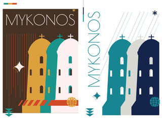 Fototapeta premium Mykonos retro-futuristic posters pack with iconic architectural landmarks in vibrant color palettes. Stylish vectors with vintage aesthetics for Greece island travel design