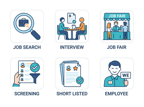 A set of recruitment icons featuring job search, interview, job fair, screening, short‑listed, and employee symbols in a simple flat vector style