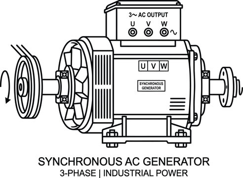 Technical line drawing illustration of a 3phase synchronous AC generator.