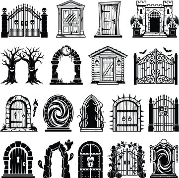 Black and white collection of vintage and gothic style gates and doors illustration