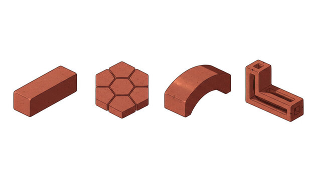 Set of Various Clay Red Brick Masonry Building Components