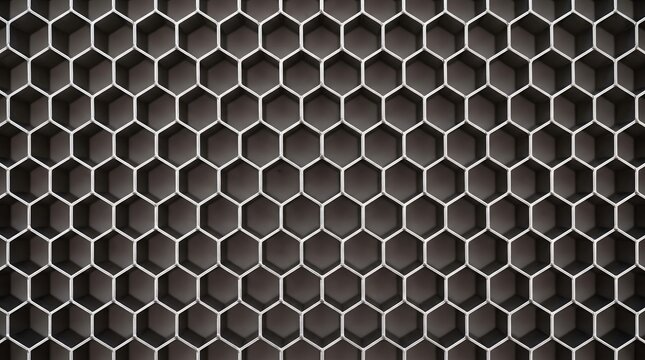 Monochromatic honeycomb geometric pattern featuring dark recessed hexagonal cells in repetitive grid industrial wallpaper