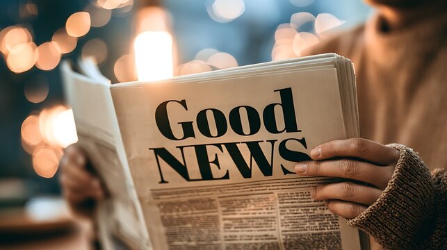 Awesome photo of person reading a newspaper with the headline good news.