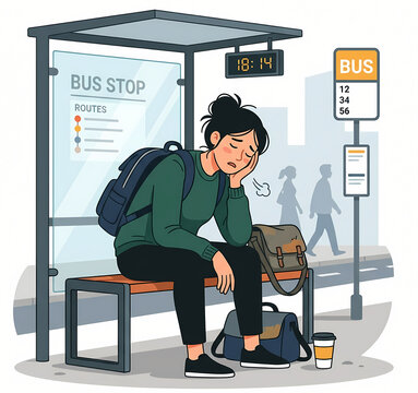 Exhausted young woman waiting for a late bus at a city bus stop.