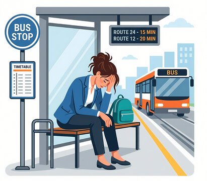 Frustrated woman waiting for a late bus at a bus stop.