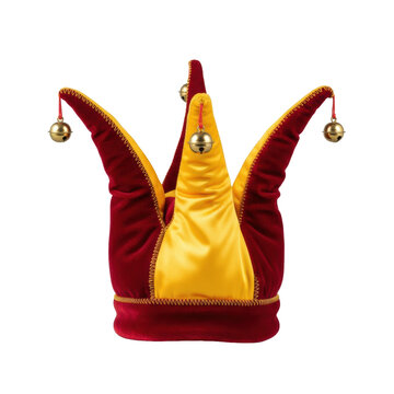 Hyper-realistic close-up of a medieval fool's cap (jester hat) in ruby red velvet and saffron satin, brass bells, isolated on a transparent studio background with shadowless high-key lighting, concept