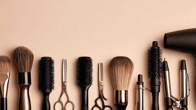 Awesome photo of professional hair salon styling tools arranged on a beige background.
