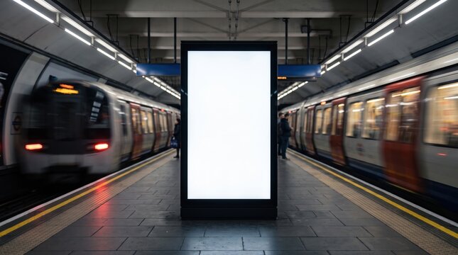 Empty vertical white billboard display standing on a subway platform between two passing trains with motion blur in a dimly lit underground station with overhead fluorescent lighting