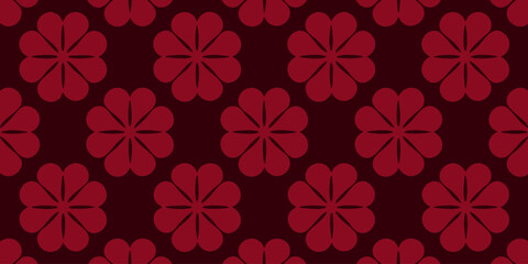 Fototapeta premium Dark Red Seamless Floral Pattern with Heart Shaped Petals in a Symmetrical Grid Layout for Elegant Textile and Wallpaper Design