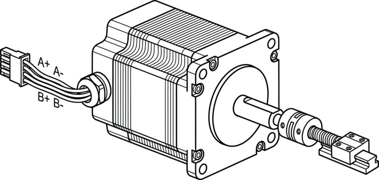 Technical line drawing of a stepper motor with lead screw and connector.