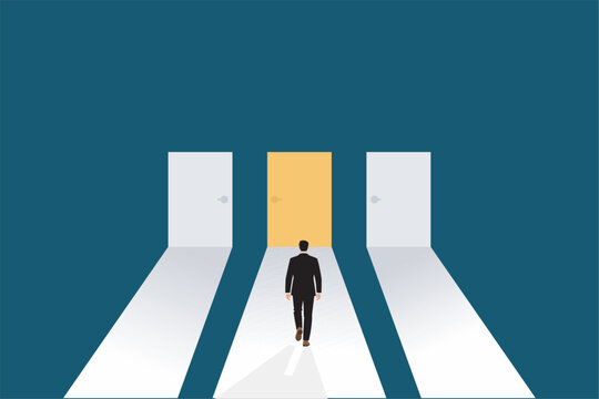 Businessman walking toward yellow door among three choices. Vector illustration for business decision, opportunity, and career path.