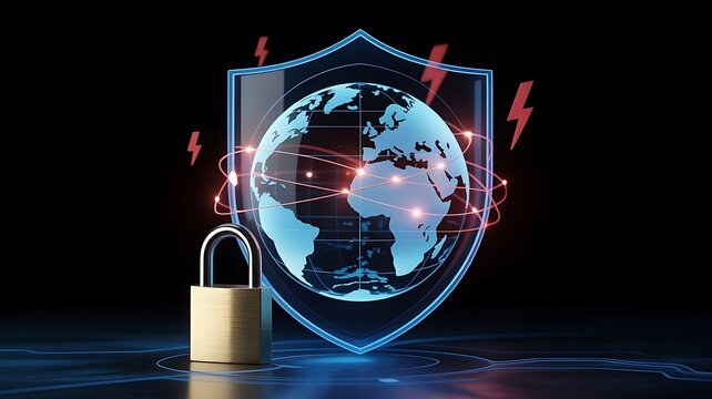 Global cyber security concept with glowing earth globe inside protective shield and metal padlock on dark digital network background