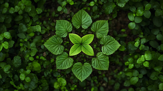 Arranged green leaves forming a geometric pattern on a lush natural forest floor