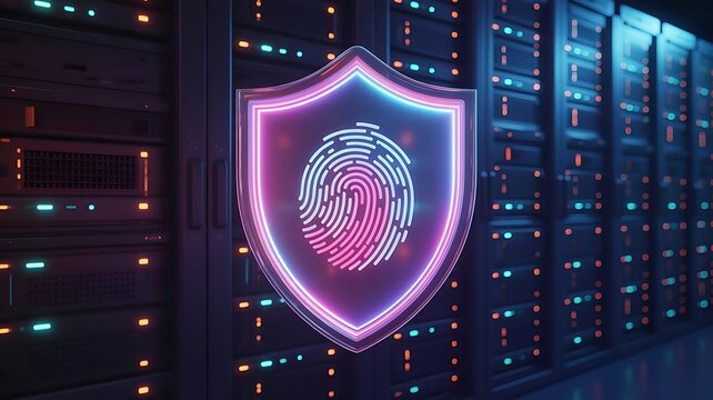 Glowing neon fingerprint inside a protective shield positioned in front of a server room rack, representing biometric data security and privacy