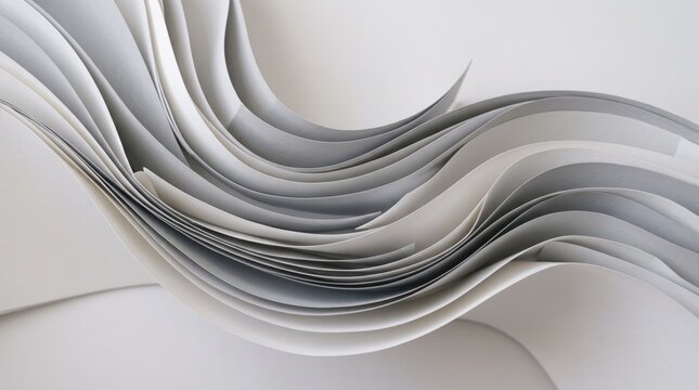 Abstract artistic composition featuring layers of white and grey paper sheets arranged in flowing wave patterns, minimalistic design element suitable for backgrounds