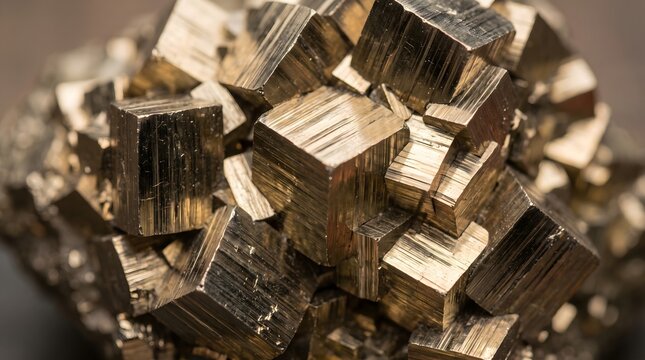 Natural iron pyrite mineral cluster displaying cubic golden crystals with detailed macro texture for commercial geology