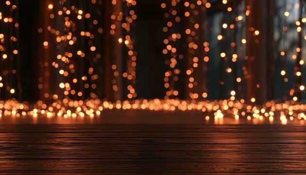 Rustic Dark Brown Wooden Table Surface with Beautiful Soft Bokeh Christmas Fairy Lights Background