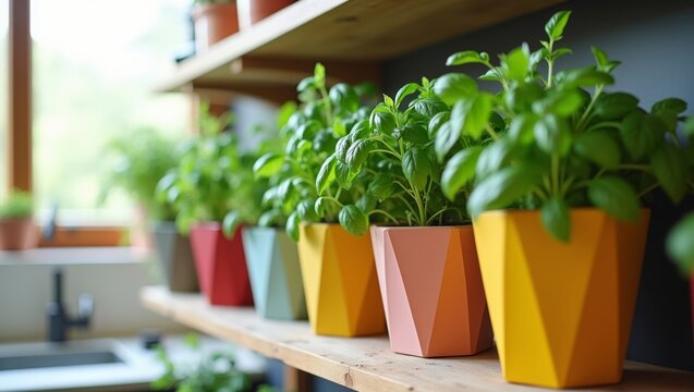 Shelf Of Herbs In Colorful Geometric Pots One Pot Turned Upside Down