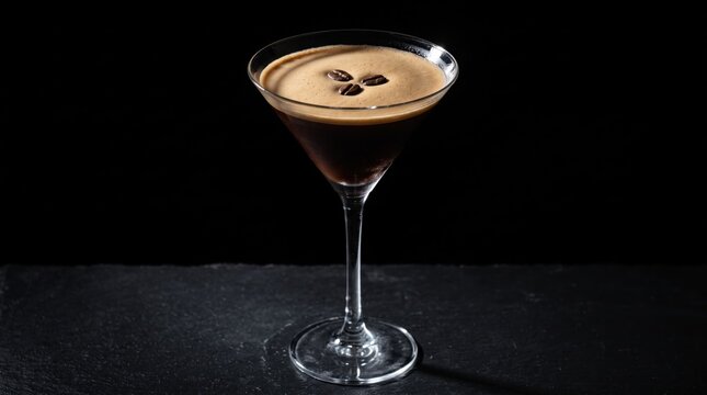 Classic espresso martini cocktail served in a martini glass garnished with three coffee beans on top of foam, isolated on dark, representing luxury nightlife, bar drinks