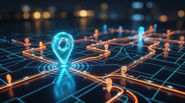 Glowing blue and orange digital map interface with navigation pins and route lines on a dark background showing global positioning system tracking technology and urban navigation data visualization