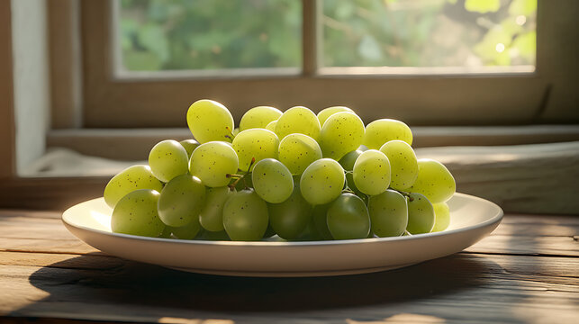 Fresh green grapes with subtle spots on a white plate on a wooden table near a window with morning light