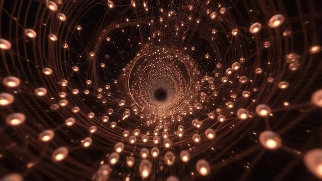 Glowing particles forming a swirling tunnel shown in abstract style on dark background, concept of energy flow