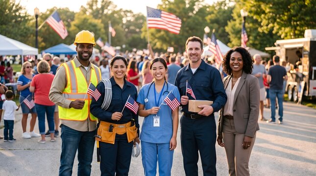 Diverse group of American workers standing together at a community Labor Day celebration, including a construction worker and professionals, surrounded by families, American flags, and festive outdoor