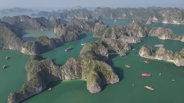 Aerial view of the natural scenery of the karst peak forest in Ha Long Bay, Vietnam