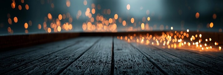 Naklejka premium Rustic Dark Wooden Floor Surface With Warm Golden Bokeh Lights For Seasonal Festive Decoration Plan