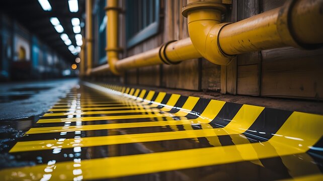 Industrial yellow pipes and safety floor markings in factory setting concept for workplace safety and industrial maintenance and infrastructure