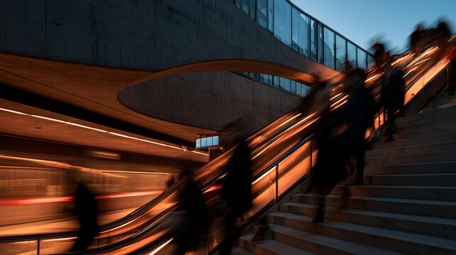 Subway station commuters in motion blur with warm orange lighting