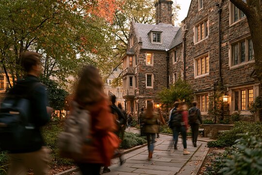 College students walking on a historic university campus path in autumn