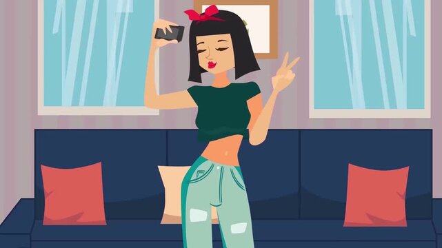 2D Animated Stylish Young Woman Taking Selfie Photo with Smartphone on Sofa Flat Vector Character Animation Footage