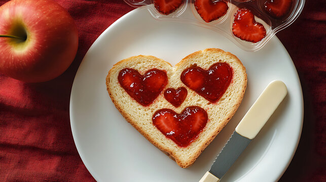 Heart-shaped toast with strawberry jam hearts and a fresh red apple on a white plate for a romantic breakfast