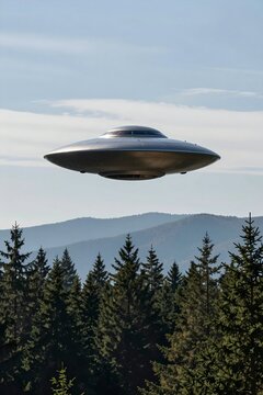 AI generated UFO flying over forest mystery sci-fi