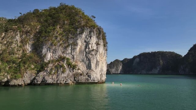 Aerial view of the natural scenery of the karst peaks and forests in Ha Long Bay, Vietnam