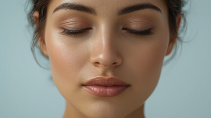 Fototapeta premium Calm meditating face with closed eyes and natural beauty in soft light